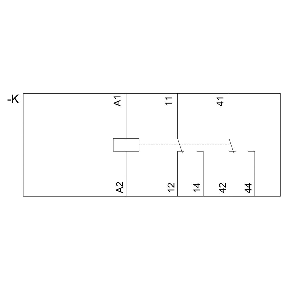 Schaltplan zeigt Kontakt K mit Anschlüssen A1, A2, 11, 12, 14, 41, 42, und 44 in einem rechteckigen Rechteck. Verbindungen sind durch Linien angezeigt.