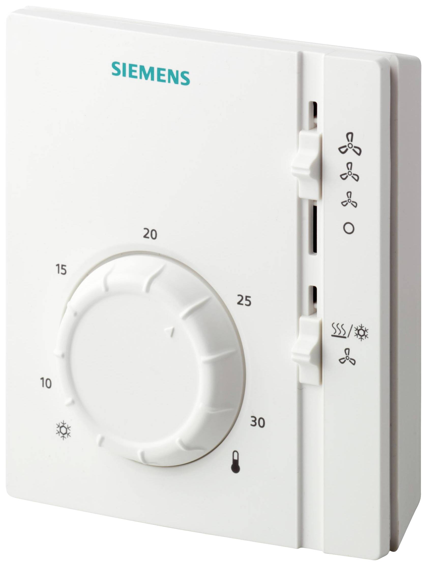 Ein weißes Raumthermostat mit Drehknopf für Temperatureinstellung von 5 bis 30 Grad Celsius und Schieberegler für Lüftersteuerung.