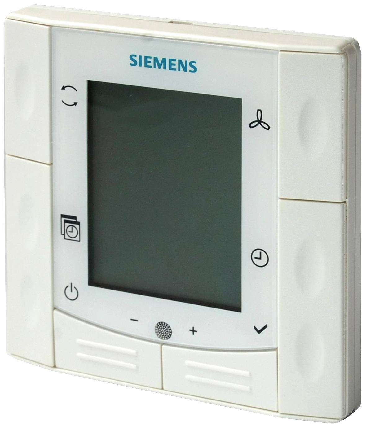 Weißes Siemens-Raumthermostat mit digitalem Display; zeigt Temperatureinstellungen und Lüftermodi. Steuerungstasten darunter.