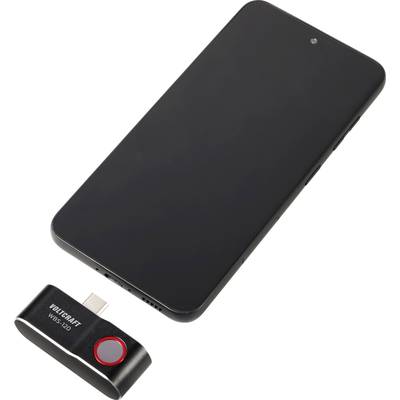 Smartphone neben einem USB-Gerät mit der Aufschrift 'VOLTCraft WBS-210'.