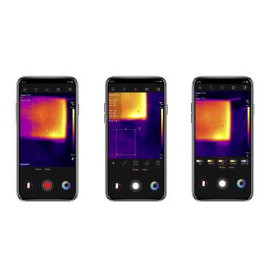 Drei Smartphones zeigen Wärmebildaufnahmen einer quadratischen Fläche mit Farbverlauf von blau zu gelb. Temperaturanzeigen sind sichtbar.