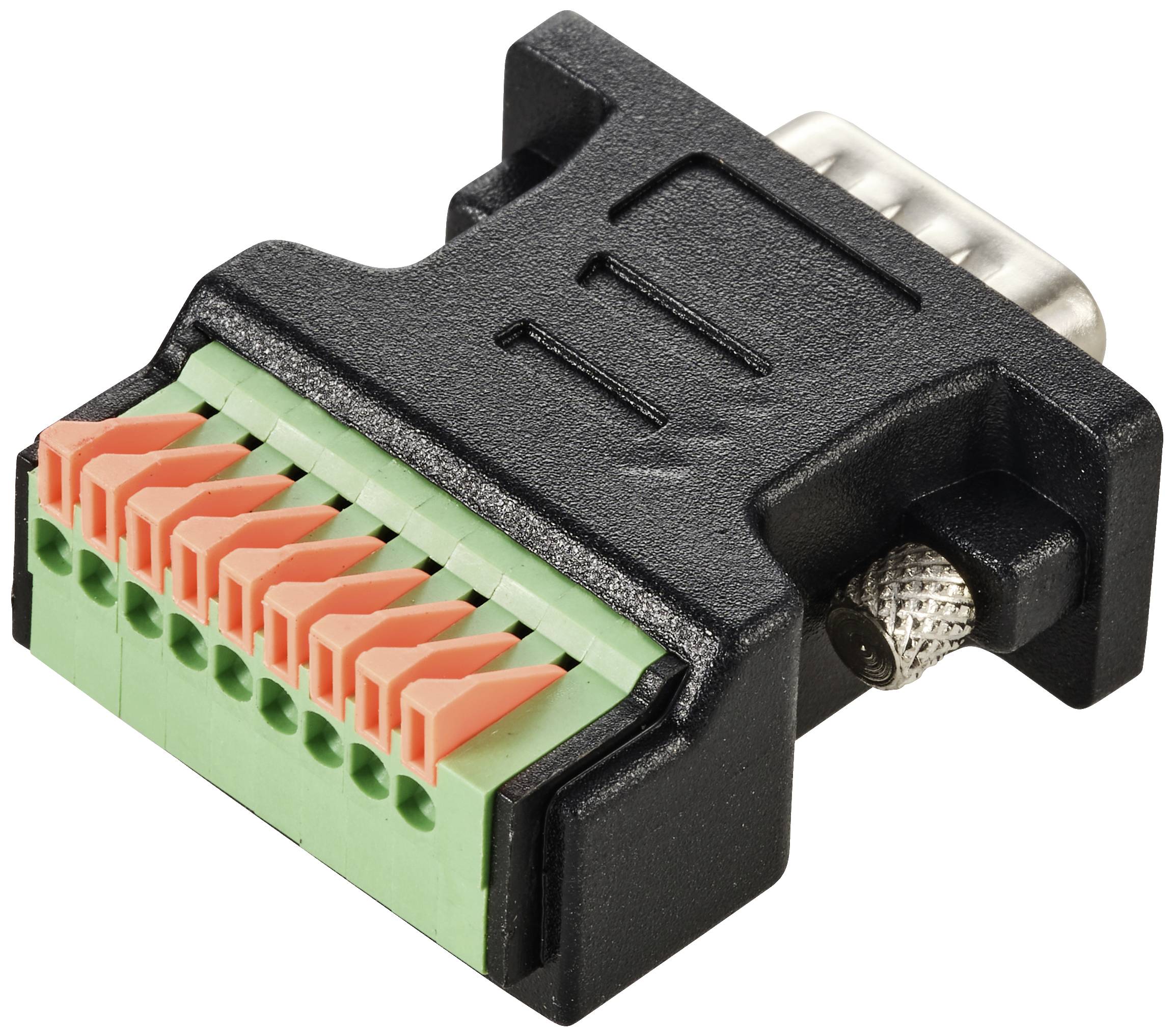 'Schwarzer Adapter mit grünen und orangefarbenen Klemmen zur Umwandlung von Steckerformaten, geeignet für elektronische Verbindungen.'