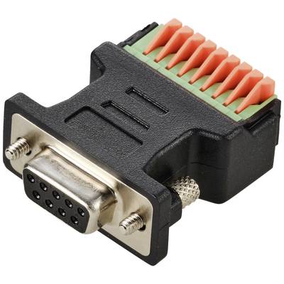 Ein schwarzer DB9-Steckeradapter mit roten Klemmanschlüssen, verwendet zur Verbindung von seriellen Geräten.