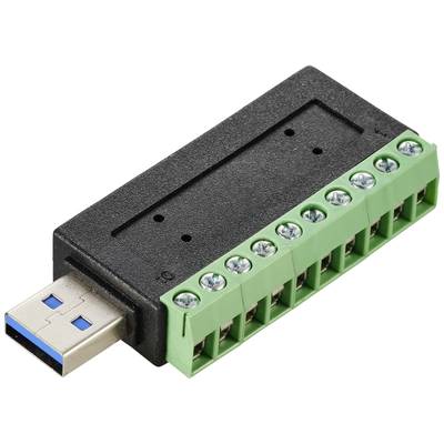 Ein schwarzer USB-zu-TTL-Adapter mit grünen Schraubklemmen auf der Oberseite, geeignet für die Verbindung von elektronischen Geräten.