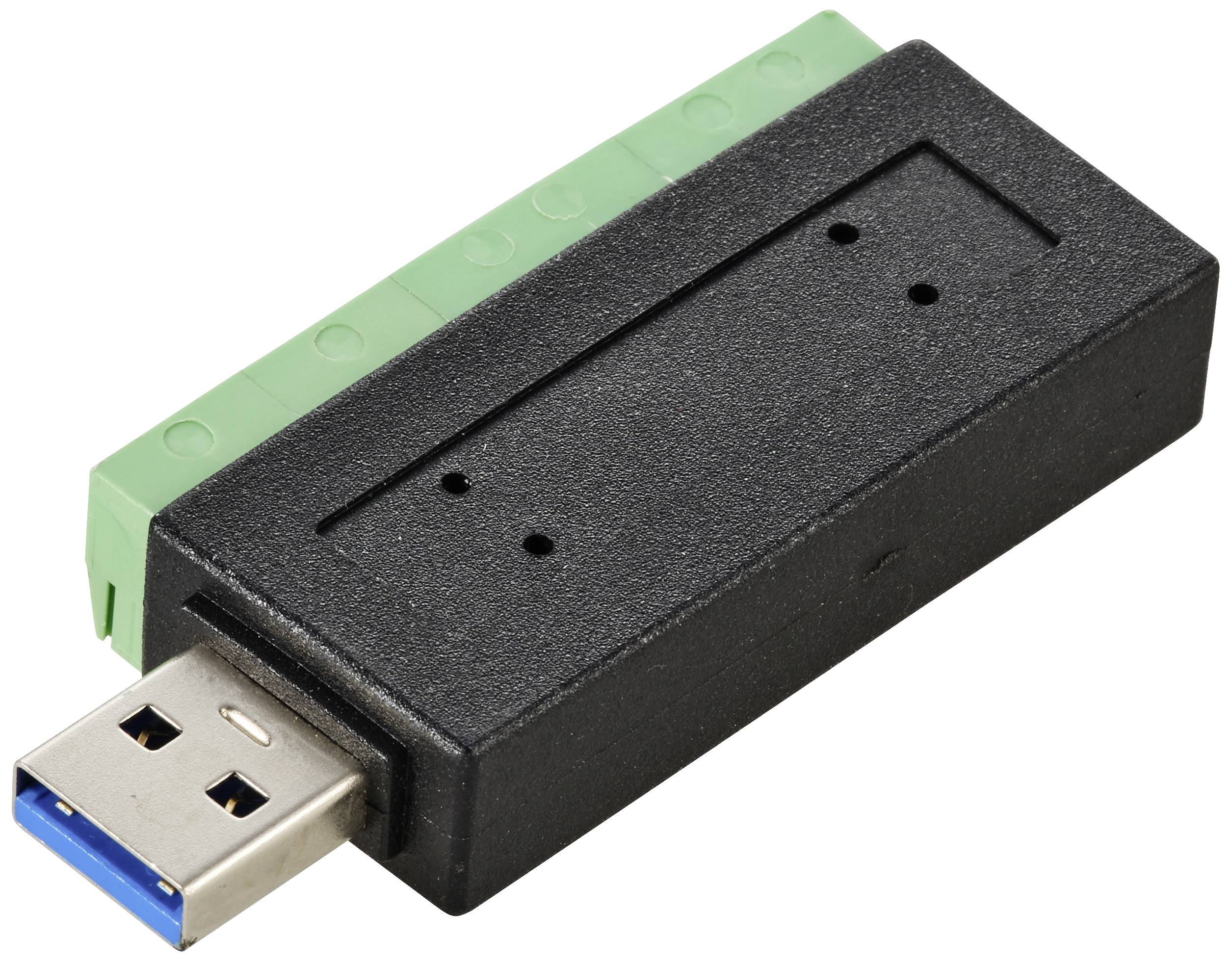 Ein schwarzer USB-Stick mit grünen Anschlüssen auf einer Seite.