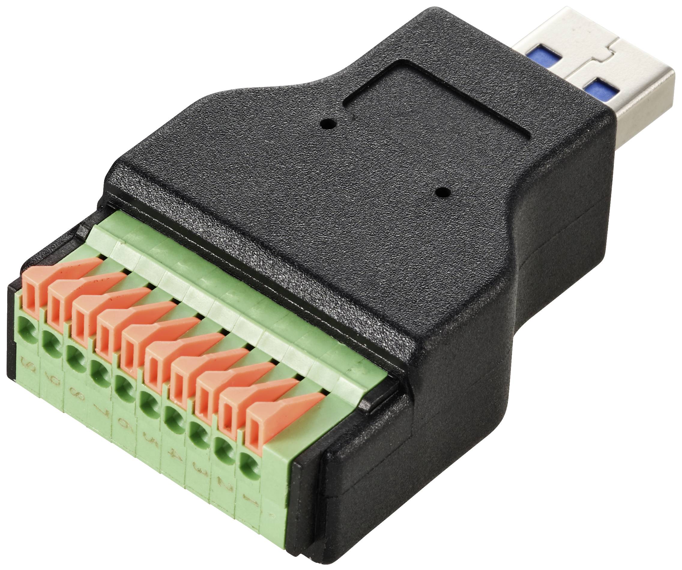 Schwarzer USB zu Terminalblock Adapter mit grünen Steckklemmen und orangen Hebeln, ermöglicht den Anschluss von Drähten an USB-Geräten.