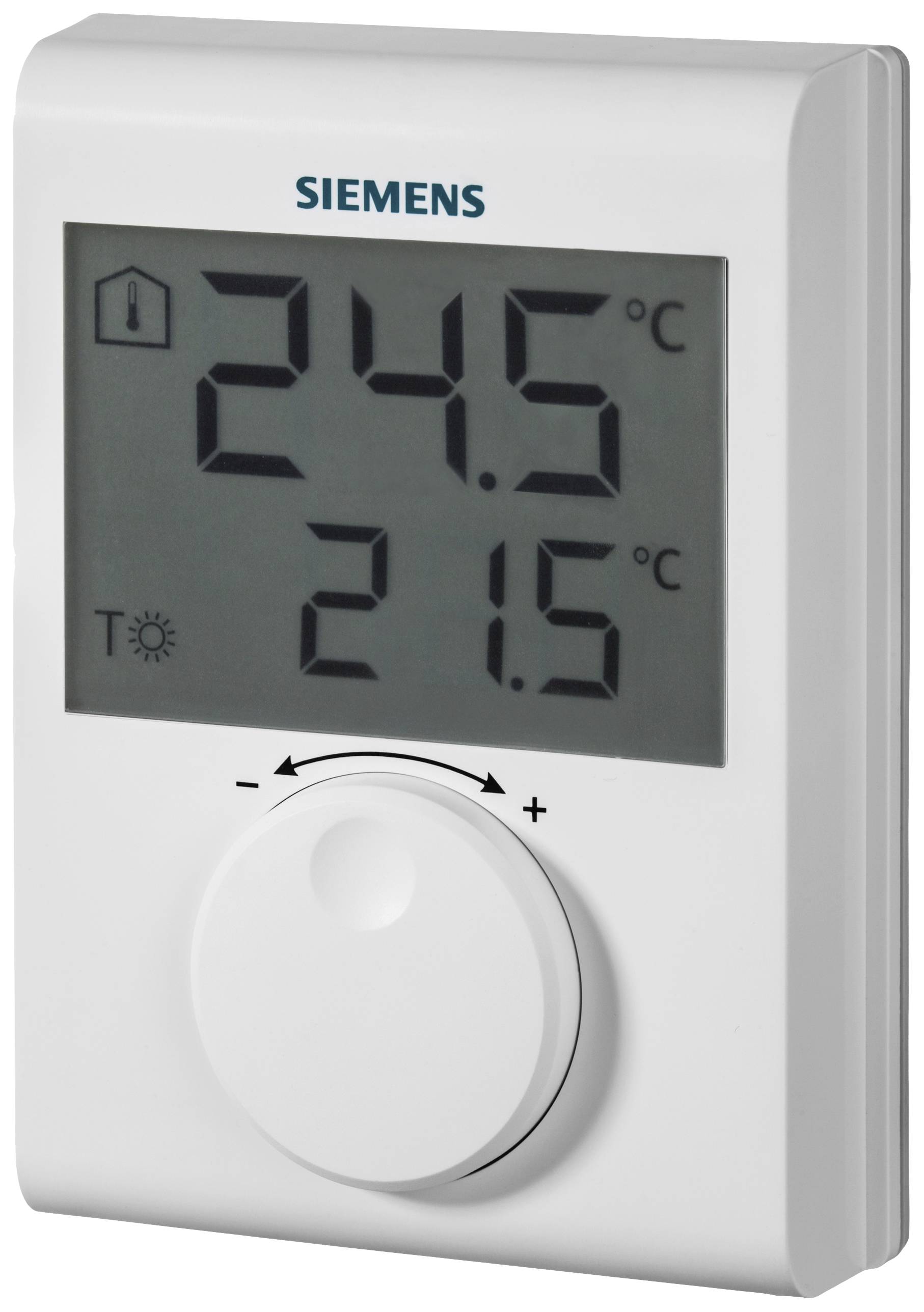Ein Raumthermostat mit einem digitalen Display zeigt 24,5°C als obere Temperatur und 21,5°C als untere Temperatur an.