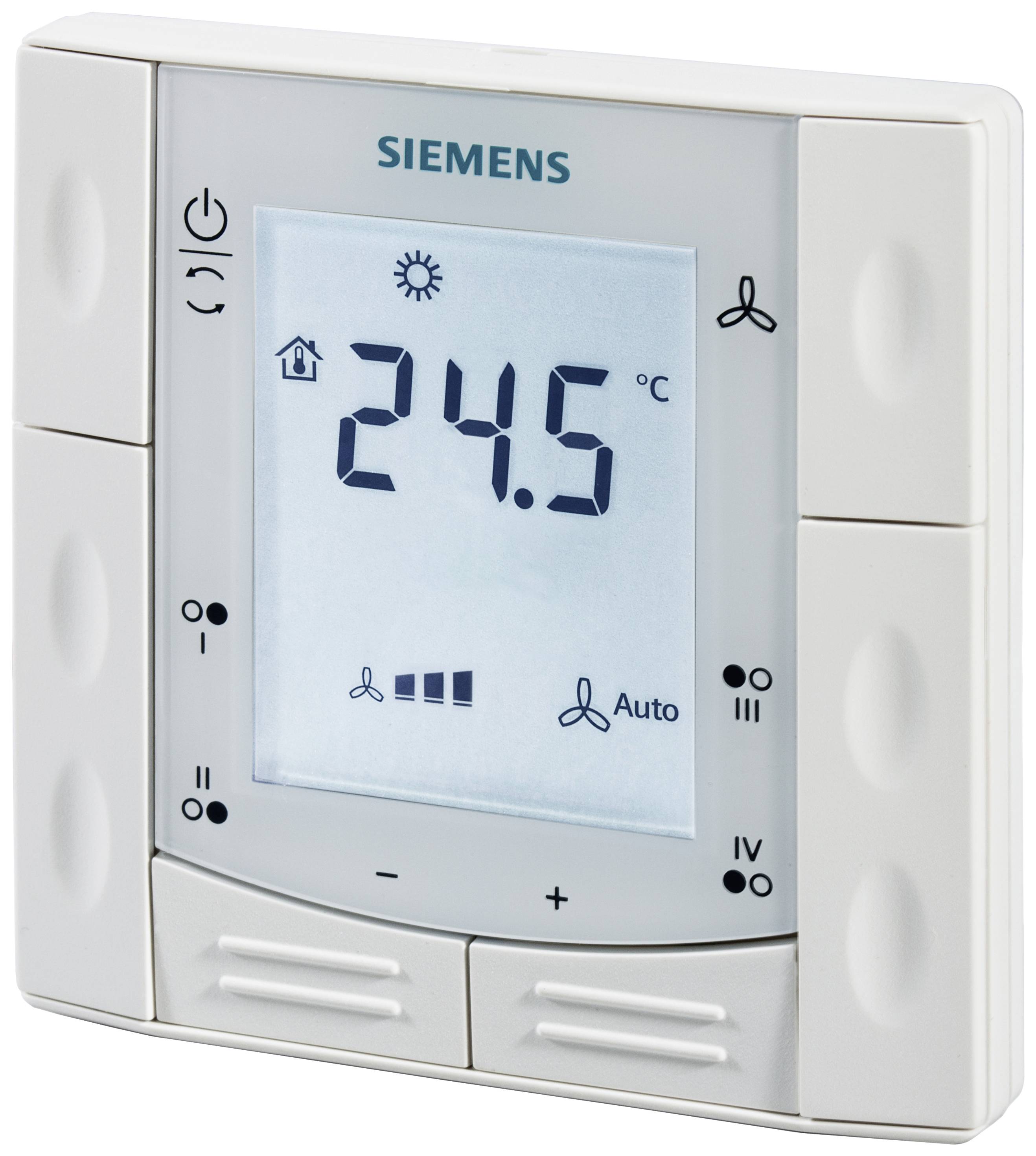 Temperaturregler von Siemens zeigt 24,5°C an. Symbole für Lüftergeschwindigkeit und Auto-Modus sind sichtbar.