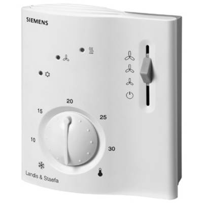 Thermostat mit Siemens-Logo, Drehknopf von 0 bis 30, Schieberegler, Symbole für Heizen und Kühlen, Landis & Staefa-Logo unten.