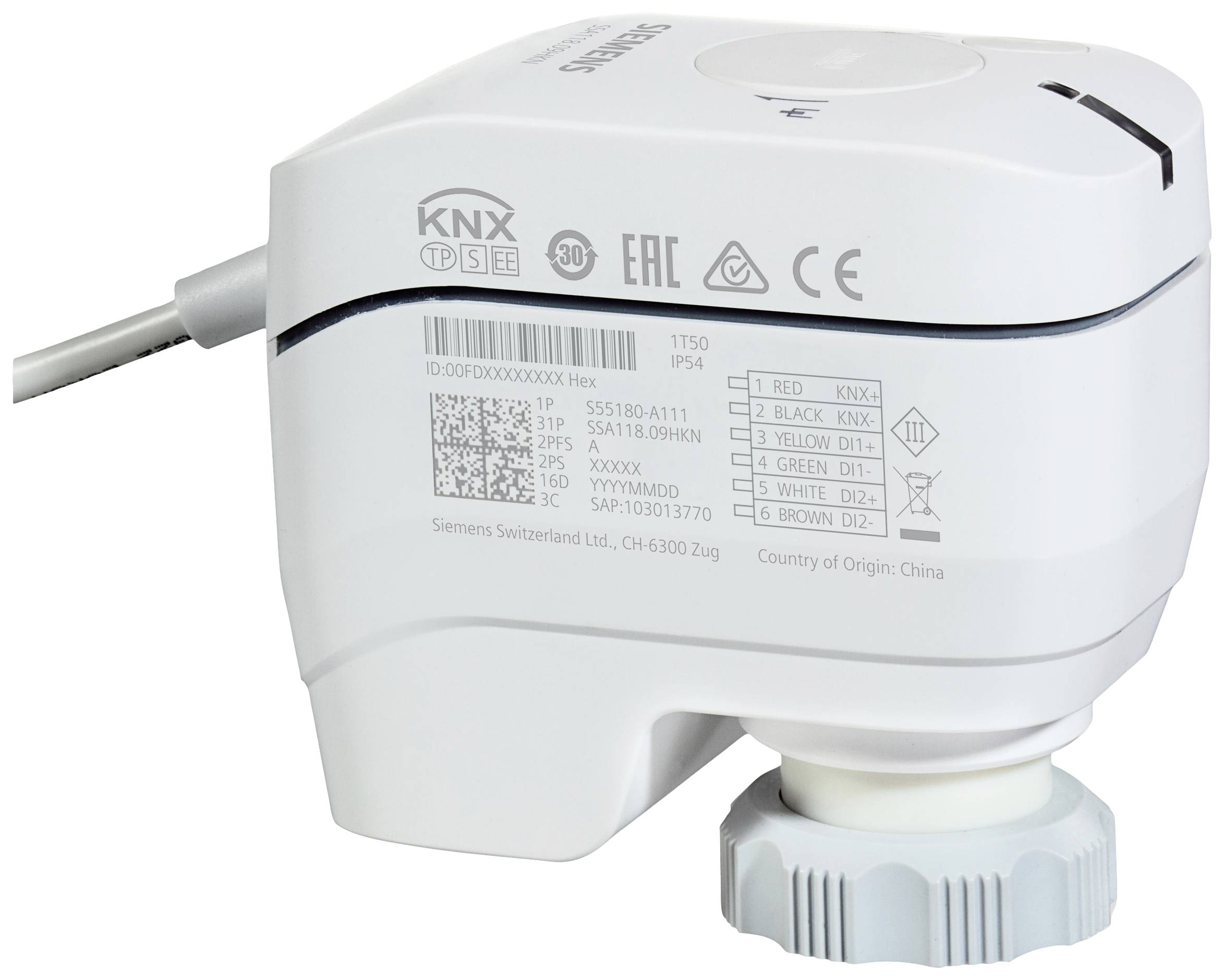 Aktuator mit Kabel und Anschlüssen, Aufdruck zeigt technische Spezifikationen und Zertifizierungen wie CE-Kennzeichnung.
