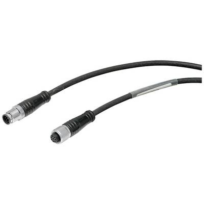 Zwei schwarze, metallummantelte Kabel mit M12-Steckverbindern an den Enden, eines mit einer Buchse und eines mit einem Stecker.