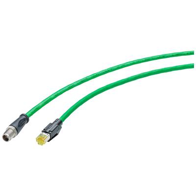 Ein grünes Ethernet-Kabel mit einem RJ45-Stecker und einem runden M12-Stecker, geeignet für industrielle Anwendungen.