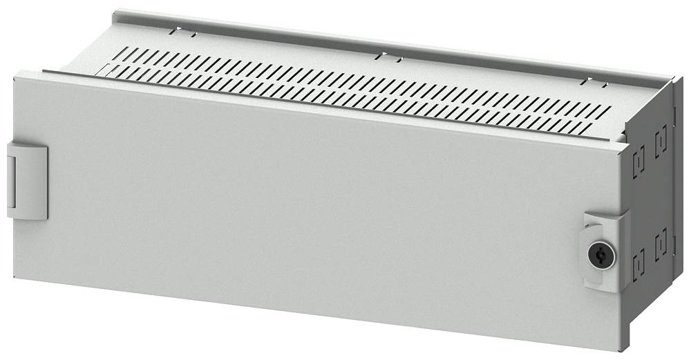 Ein graues Metallgehäuse mit Belüftungsschlitzen und einer abnehmbaren Frontplatte, geeignet für technische oder industrielle Anwendungen.