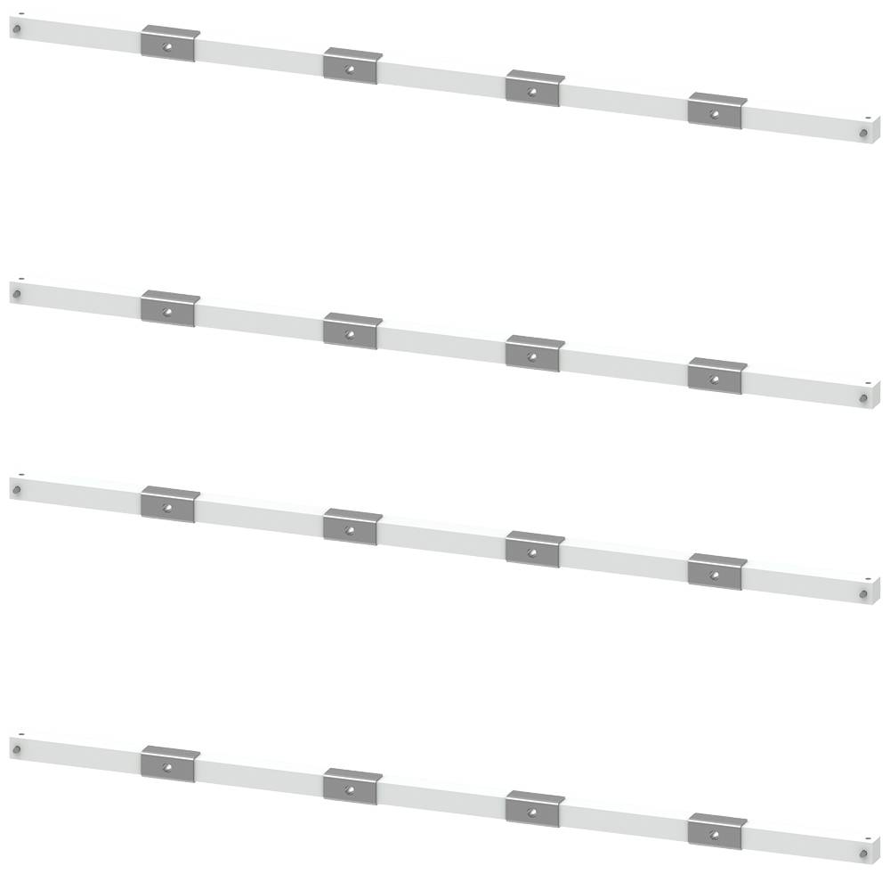 Vier weiße Schienen mit mehreren grauen Clips, gleichmäßig horizontal ausgerichtet, auf einem weißen Hintergrund.