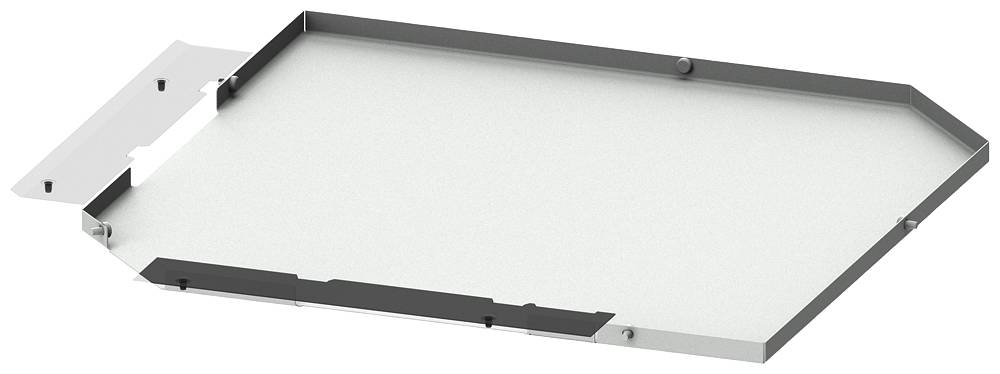 Ein rechteckiges Metalltablett mit leicht erhöhtem Rand und abgeschrägten Ecken. Oben links befindet sich eine Metallklammer.
