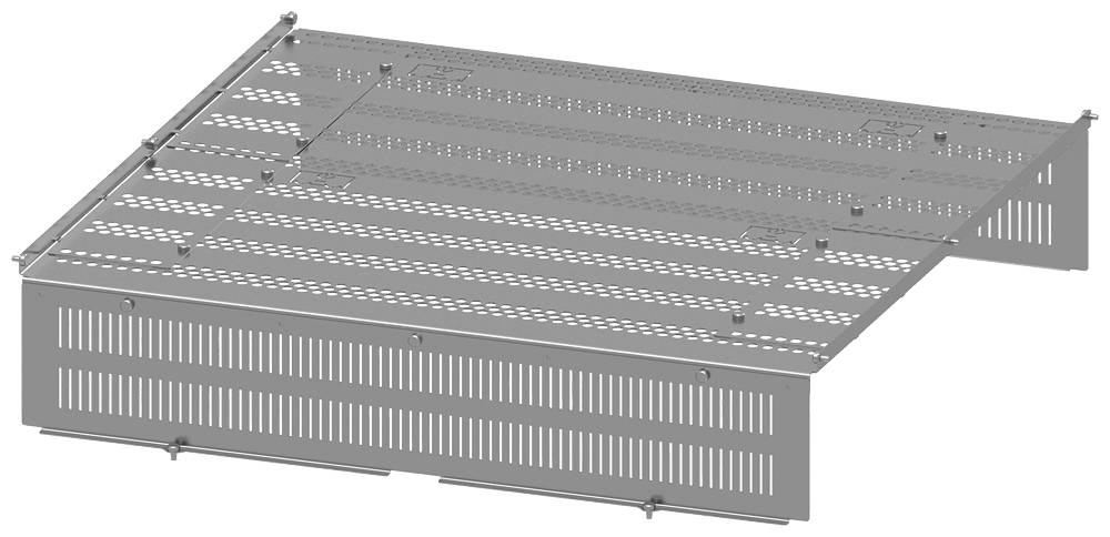 Metallplattensystem mit gestanzten Löchern und Verbindungselementen, möglicherweise für industrielle oder bautechnische Anwendungen.