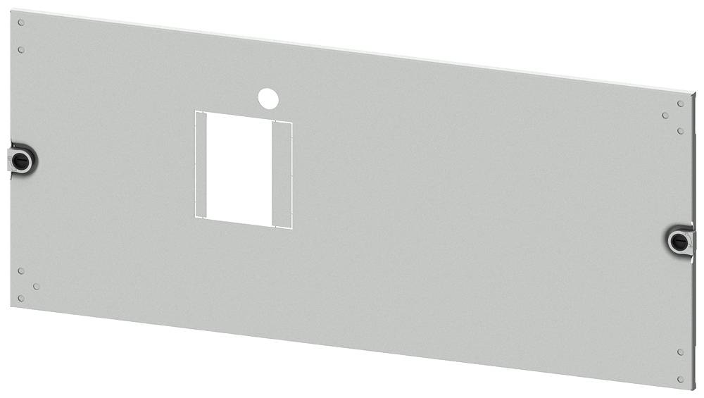 Metallplatte mit rechteckigem Ausschnitt und Loch, vermutlich als Montageplatte verwendet. Schraubenlöcher an den Ecken vorhanden.