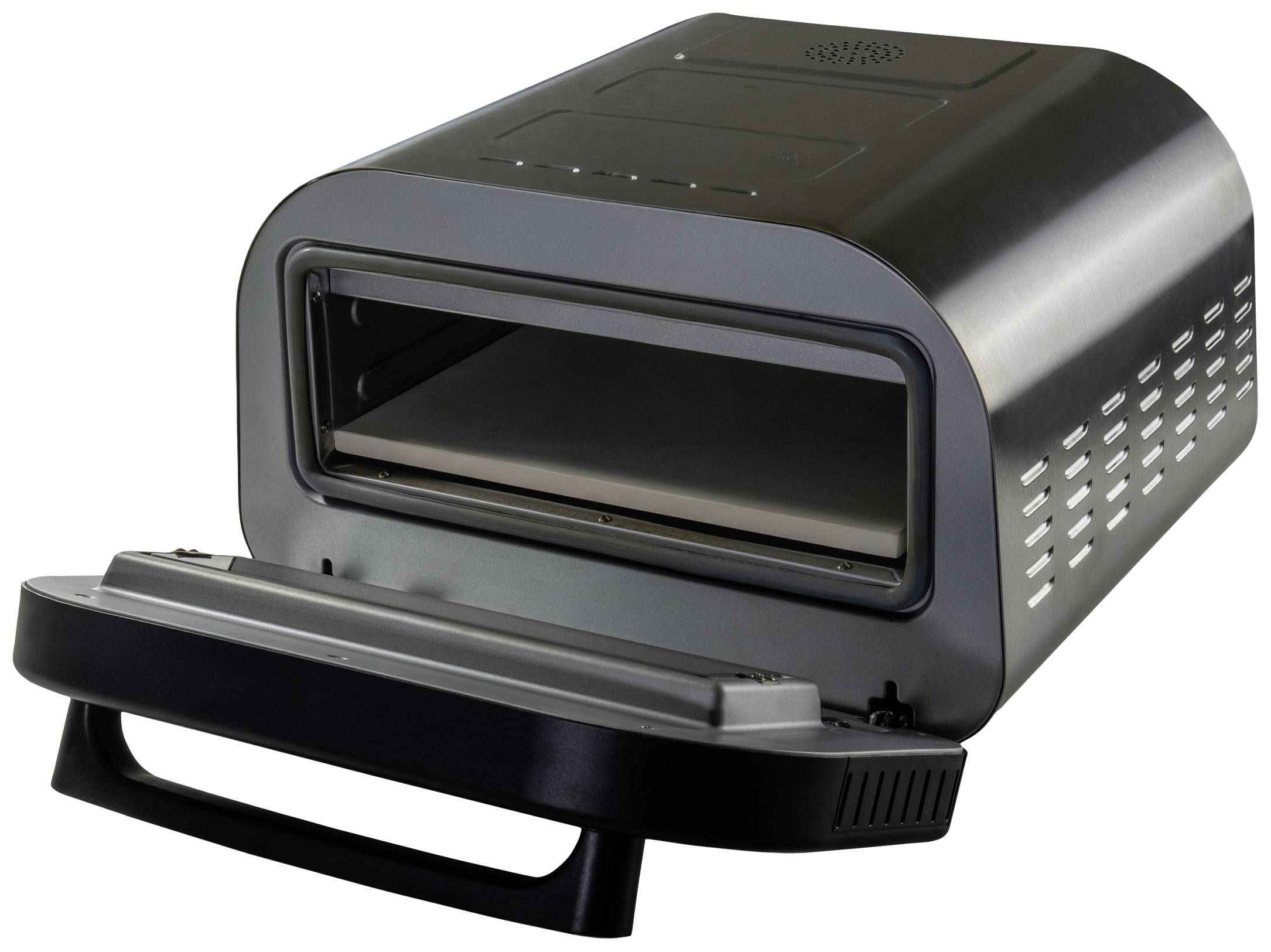 Elektrischer Pizzaofen mit geöffneter Tür, schwarzes Gehäuse und Sichtfenster. Ideal zum Backen von Pizza in der Küche.