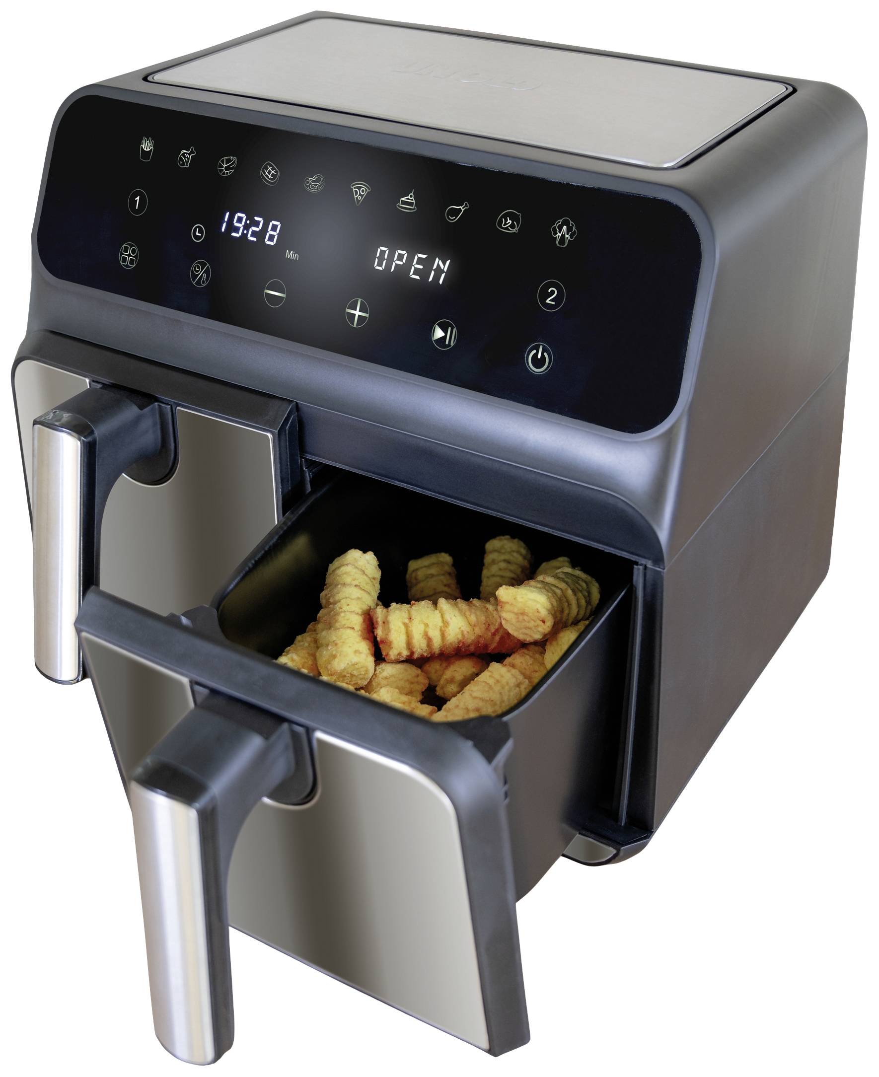 Eine Doppelkochzonen-Heißluftfritteuse mit zwei ausziehbaren Schubladen; eine enthält gekochte Pommes. Digitales Display zeigt '1928 OPEN'.