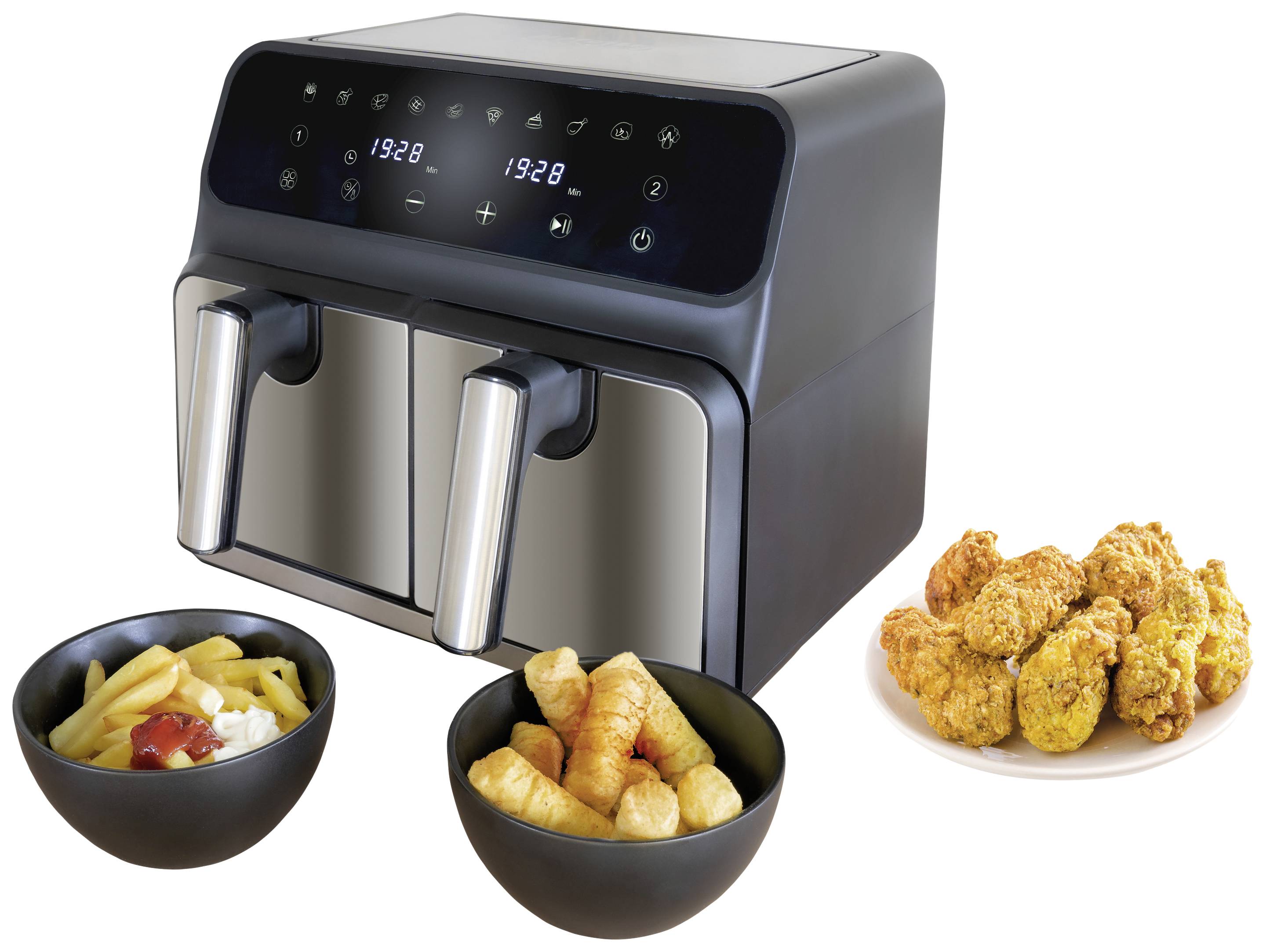 Eine Doppelfritteuse mit digitaler Anzeige zeigt die Zeit als '19:28'. Daneben stehen zwei Schüsseln mit Pommes und frittiertem Essen.