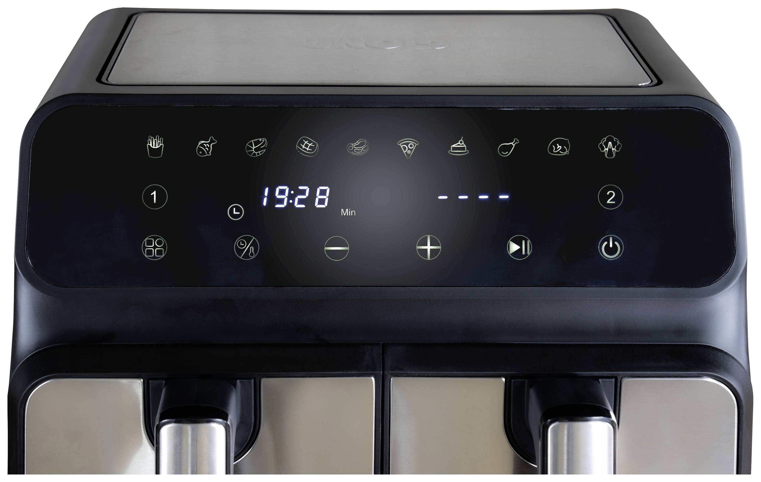 Display einer modernen Küchengerätsteuerung mit digitaler Uhranzeige '19:28', verschiedenen Symbolen für Kochfunktionen und Bedienknöpfen.
