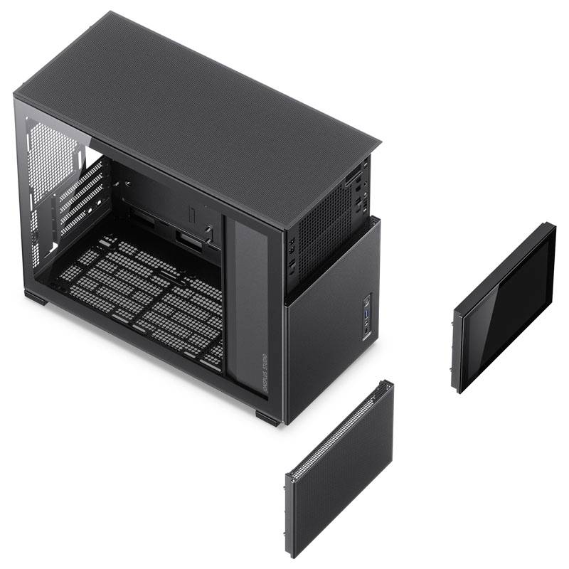 Offenes Computergehäuse mit abgenommenen Seiten- und Frontplatten, das den inneren Aufbau zeigt. Ideal für PC-Bau und Wartung.