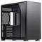 Schwarzes, minimalistisches PC-Gehäuse mit gläserner Seitenwand, geräumigem Innenraum und mehreren Erweiterungsslots.