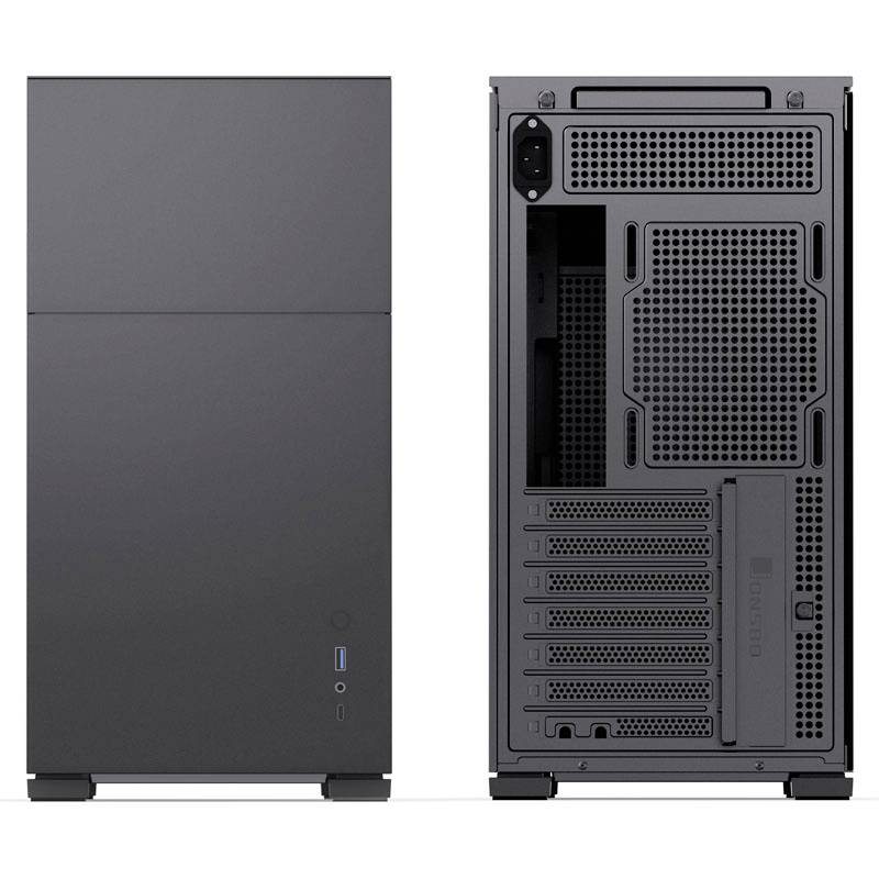 Ein schwarzes Computergehäuse von vorne und hinten, mit USB-Anschluss und Belüftungsgittern. Geeignet für PC-Komponenten.