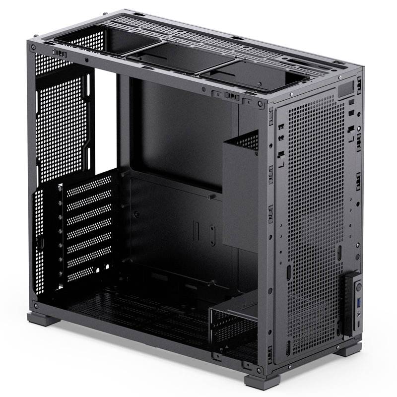 'Leerer schwarzer PC-Gehäuse-Tower mit mehreren Lüftungsschlitzen und einem USB-Anschluss an der Vorderseite.'
