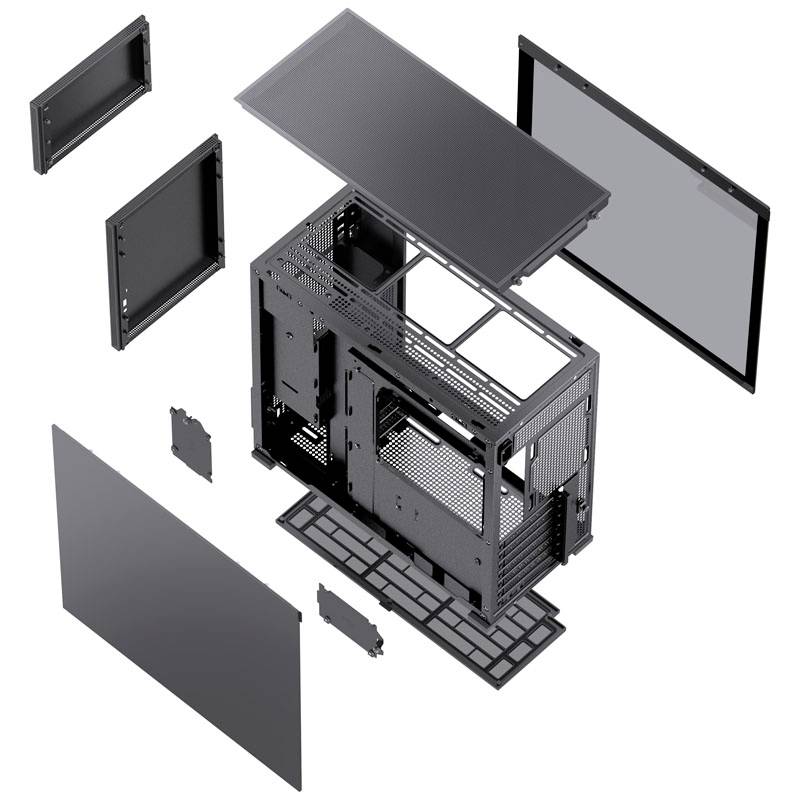 Explodierte Ansicht eines Computergehäuses mit abnehmbaren Paneelen und Rahmen, zeigt Anordnung von Seitenteilen, Oberteil und Innenstruktur.