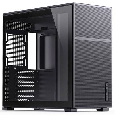 Ein leerer Computergehäuse-Tower aus Glas und Metall, ohne interne Komponenten. Geeignet für den Eigenbau eines PCs.