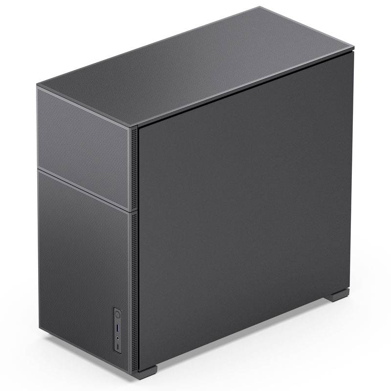 Ein schlichtes schwarzes Computergehäuse mit minimalistischem Design und glatter Oberfläche, aufrecht stehend.
