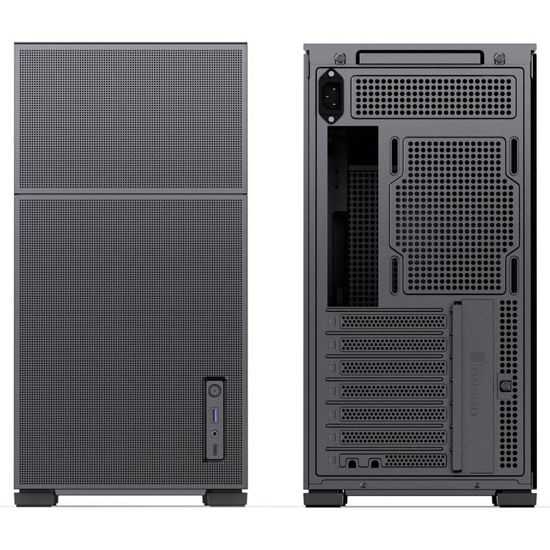 Computergehäuse Vorder- und Rückansicht. Vorderseite zeigt ein schlichtes Design mit einem Power-Button und USB-Ports; Rückseite zeigt mehrere Erweiterungssteckplätze.