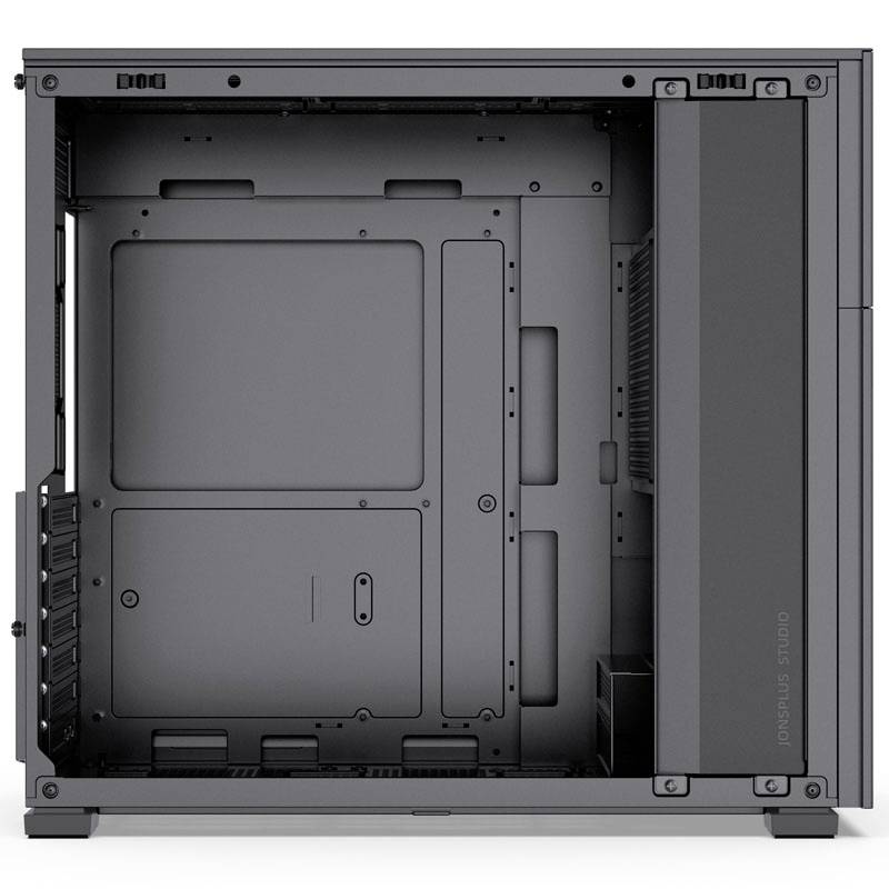 Ein leerer Computer-Gehäuse-Tower aus Metall mit Blick auf die Seitenwand, geeignet für PC-Komponenteninstallation.