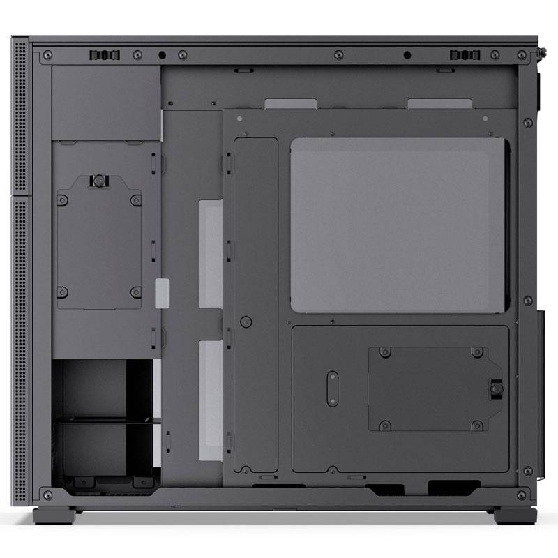 Schwarzes Computergehäuse seitlich geöffnet, zeigt Innenraum mit verschiedenen Montagepositionen für Komponenten, Kabelmanagement.