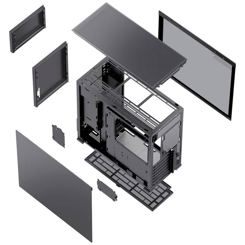 'Explodierte' Ansicht eines Computergehäuses, zeigt Hauptkomponenten und Anordnung der Panels um den Gehäuserahmen.
