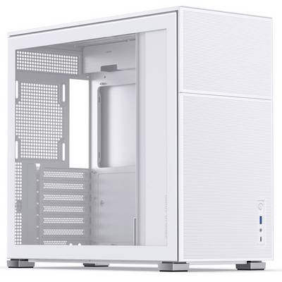 Weißes, rechteckiges Computergehäuse aus Metall mit seitlicher Glaswand. Ansicht zeigt die internen Fächer und Belüftungsgitter.