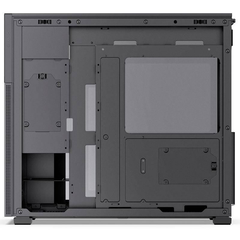 Seitenansicht eines offenen Computergehäuses, das verschiedene Fächer und Montagepunkte für Hardware-Komponenten zeigt.