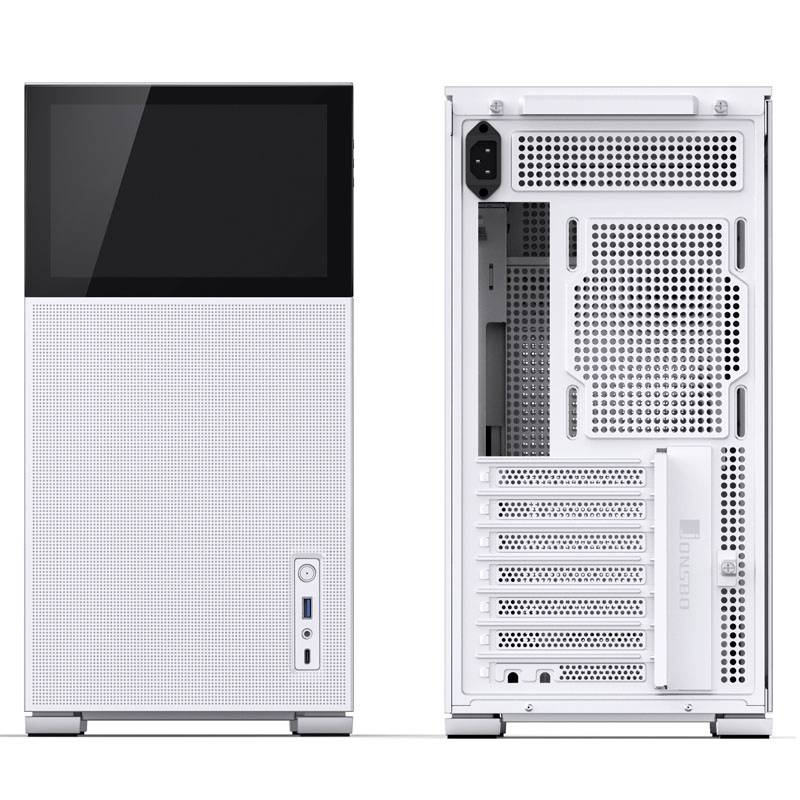 Ein weißer Computergehäuse mit schwarzem Frontpanel und USB-Anschluss. Rückseite zeigt Lüftungsschlitze und Erweiterungssteckplätze.