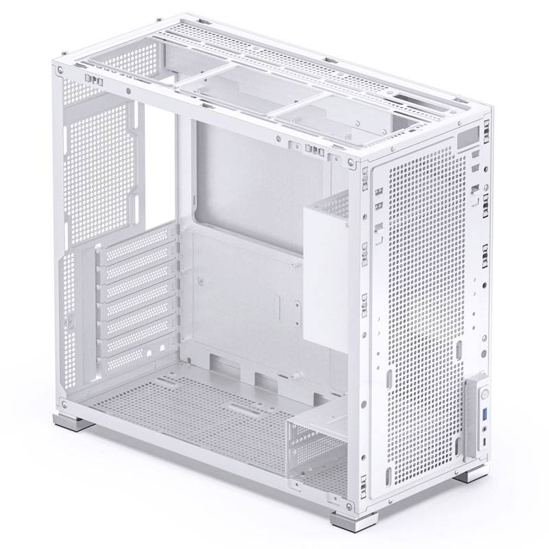 Ein leerer, weißer Computergehäuse-Tower mit offenem Innenraum zeigt mehrfachen Lüfter- und Erweiterungsschacht. Ideal für benutzerdefinierte PCs.
