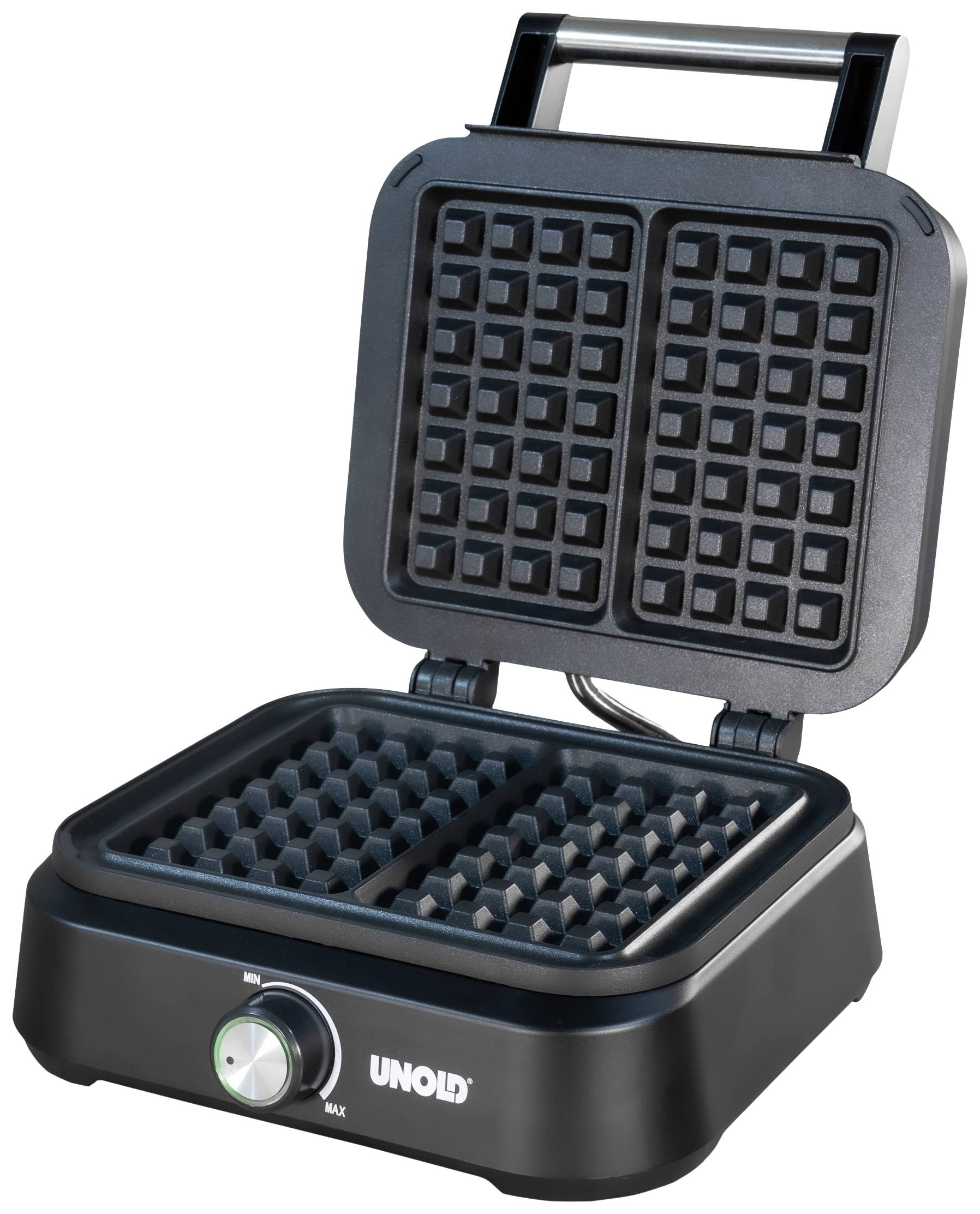 Ein schwarzer Waffelautomat mit offenem Deckel zeigt zwei Waffelformen. Auf der Vorderseite befindet sich ein Drehknopf für die Einstellung.