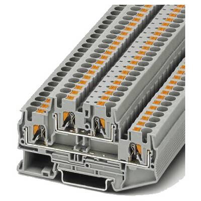 Graue Reihenklemme mit mehreren Anschlussstellen für elektrische Drähte, in einem Stapel montiert; dient zur Verdrahtung im Schaltschrank.