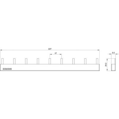 Technische Zeichnung eines Metallprofils mit sieben erhobenen Elementen. Maße: Länge 227 mm, Breite 9,5 mm, Höhe 28,2 mm, Abstand zwischen Erhebungen 27 mm.