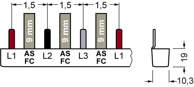 'Diagramm einer Stiftleiste mit 9 mm Kontaktstiften in vier Farben. Maße: Abstand zwischen Stiften 1,5 mm, Gesamthöhe 10,3 mm.'