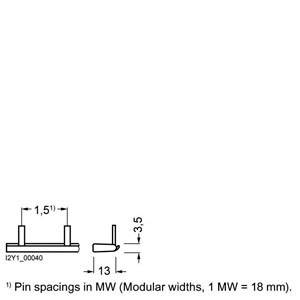 'Pin spacings in MW (Modular widths, 1 MW = 18 mm).' Diagram showing side and front views with dimensions: 1.5 MW width, 13 mm height, 3.5 mm depth.