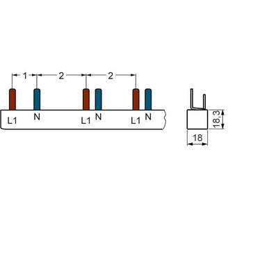 Schema eines Stromverteilungsblocks mit drei Phasen (L1) und Neutralleiter (N). Maße: 18 mm Breite, 18,3 mm Höhe.