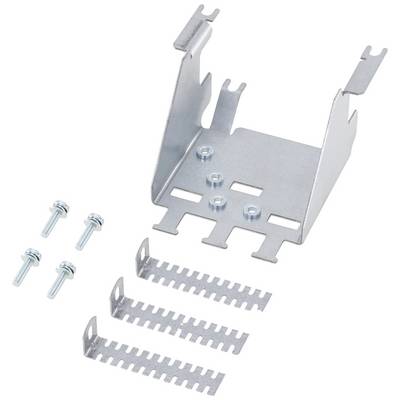 Metallhalterung mit Schrauben und Klemmen zur Befestigung technischer Geräte. Die Klemmen sind gezackt und dienen zur sicheren Montage.