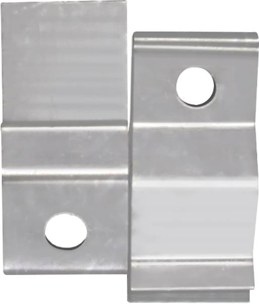 Zwei silberne Metallmontierungsbrackets mit abgerundeten Ecken und kreisförmigen Schraubenlöchern, nebeneinander auf weißem Hintergrund dargestellt.