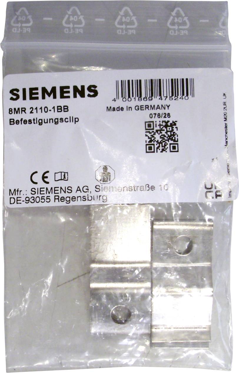 Paket des Siemens 8MR 2110-1BB Befestigungsclips, mit der Kennzeichnung „Made in Germany", Barcode und QR-Code, mit zwei Metallbefestigungsclips im Inneren.