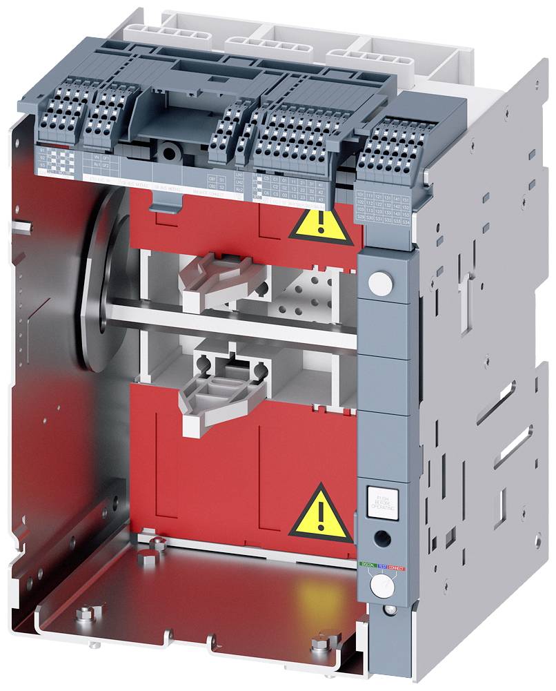 Ein elektrisches Schaltgerät mit geöffneter Abdeckung zeigt interne Komponenten, rote Schutzabdeckungen und gelbe Warnsymbole.